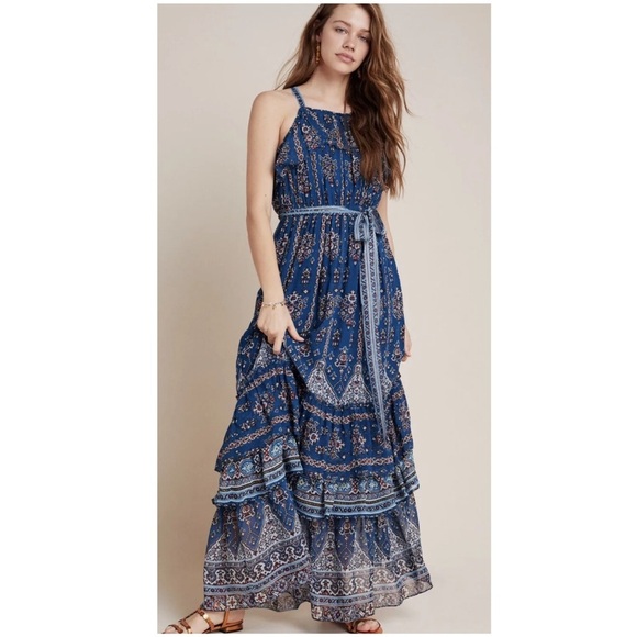 Anthropologie Sasha Ruffled Maxi Dress Blue NWT Women’s size small boho ANTHRO - Picture 2 of 9
